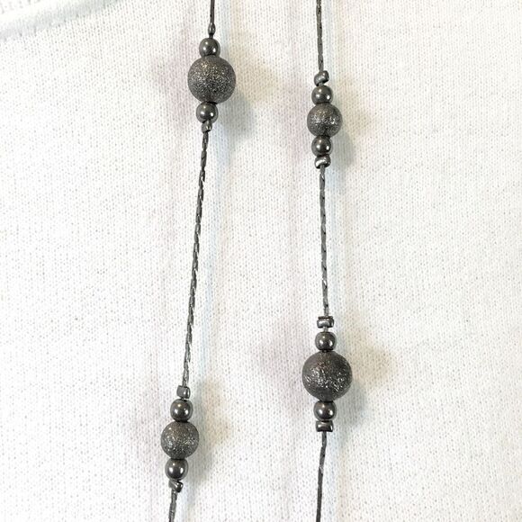 Beaded Necklace 34 inch Double Layer Triangle Chain Dark Gray Silver Tone - Picture 8 of 11